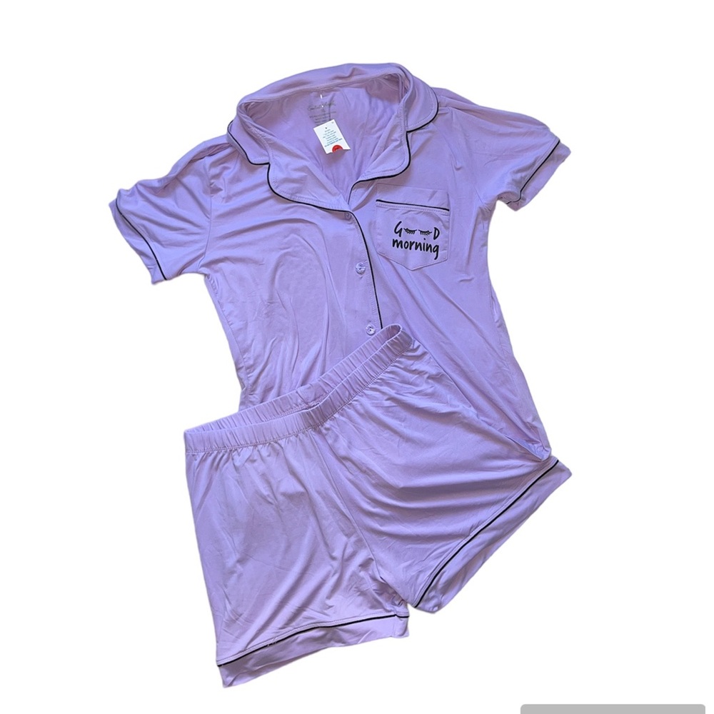 NWT purple good morning short sleeve button down and shorts pajama set